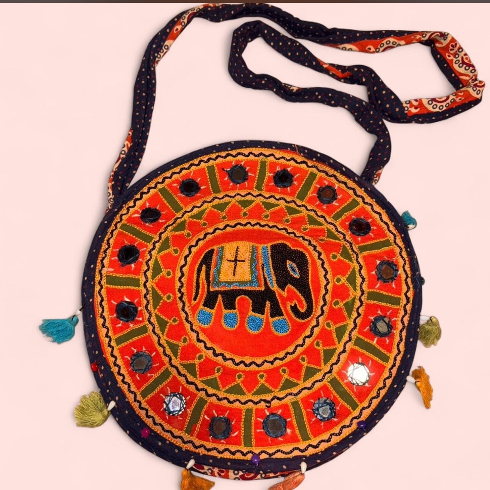 Round Embroidered Elephant Crossbody Bag - Orange & Navy